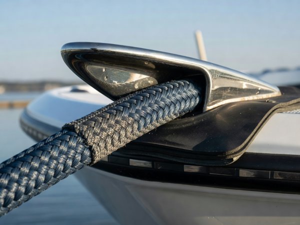 Close-up of a braided dock line protected by a woven chafe sleeve passing through a bow fairlead