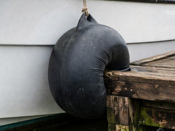 Close-up of a heavy cylindrical fender pressed between a white hull and a weathered wooden pier