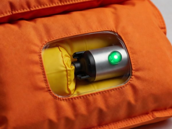 Close-up of an automatic inflatable lifejacket bladder window showing a green status indicator
