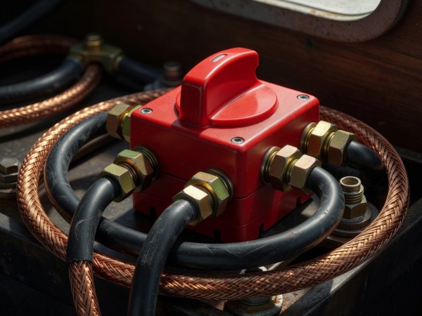 Close-up of a heavy red rotary battery isolator switch and tinned copper cables
