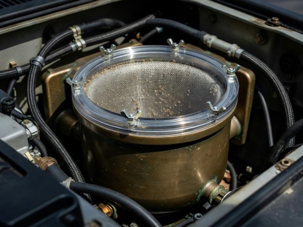 Close-up of a bronze marine raw-water strainer with transparent inspection lid inside an engine bay
