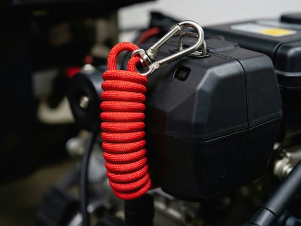 Close-up of a coiled red engine kill-cord lanyard clipped to a throttle control box