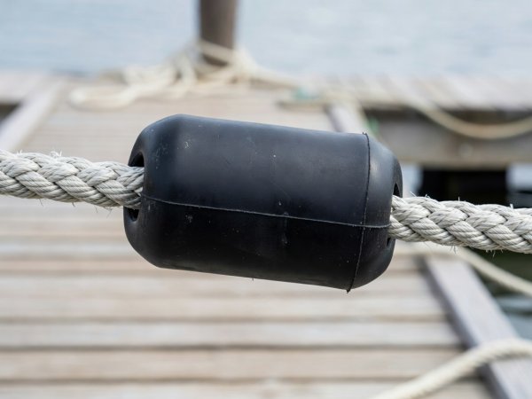 Close-up of a black rubber mooring compensator threaded onto a braided dock line