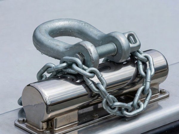 Close-up of a galvanized anchor shackle and chain resting on a stainless bow roller